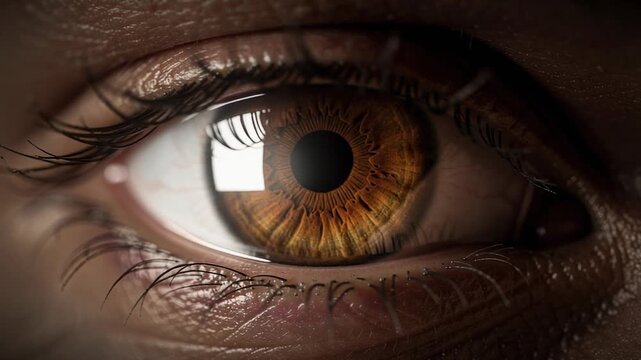 Close up of a stunning amber human eye with detailed textures and reflections in natural light