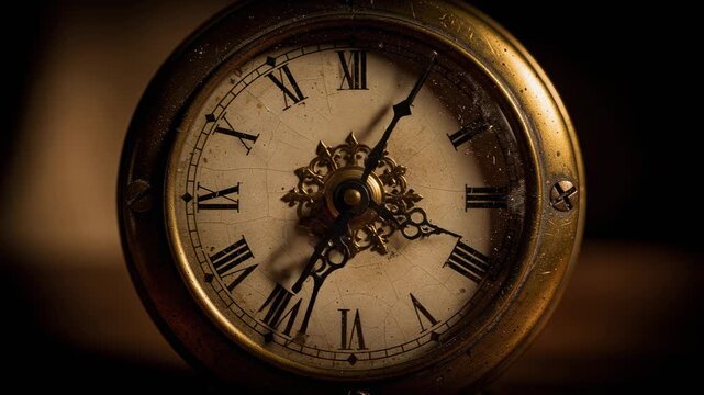 Close-up time-lapse of antique golden clock hands moving with intricate vintage details