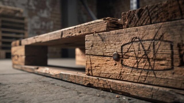 Close up of weathered wooden pallet with detailed textures splinters and rusty nails outdoors