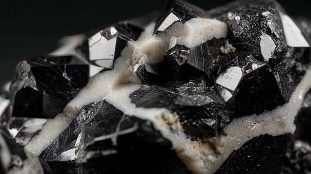 Close up video of glossy black crystals with sharp edges intertwined with textured white minerals