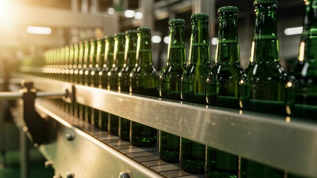 Close-up of green glass bottles smoothly moving on conveyor belt in modern beverage production line