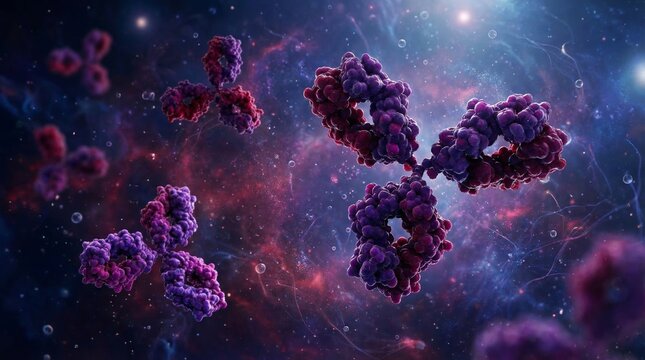 Microscopic render of magenta immunoglobulin antibodies defending against viral pathogens in plasma