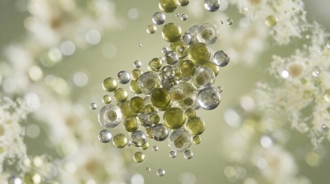 Abstract biological visualization of irregular floating spheres and yellow fluid vesicles