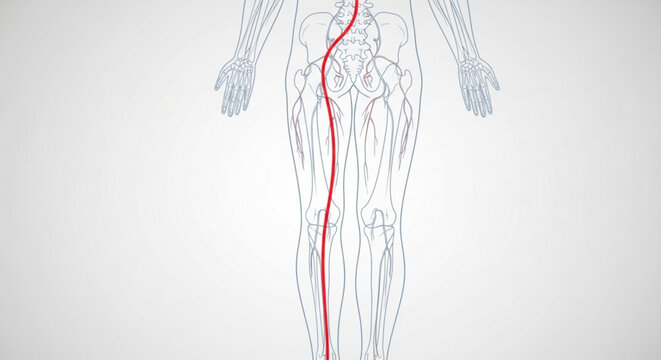 A detailed vector graphic illustration of the human body with a highlighted sciatic nerve