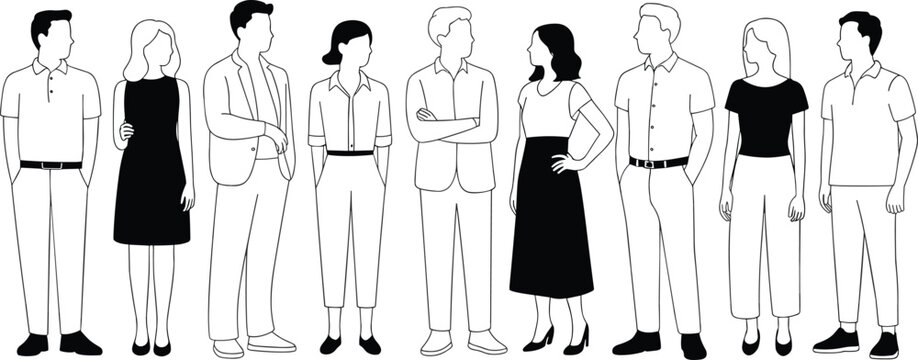 Black and white illustration of diverse group of people standing together in casual and semi-formal clothing, teamwork, diversity concept