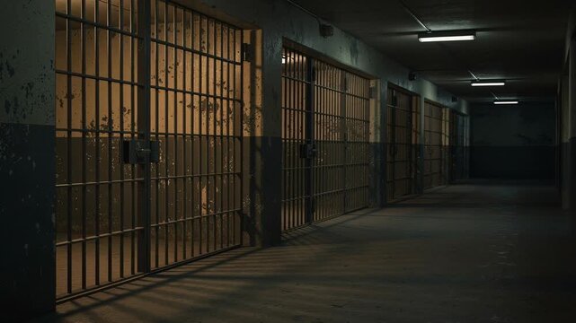 Dimly lit prison corridor with empty cells casting eerie shadows in a silent haunting atmosphere
