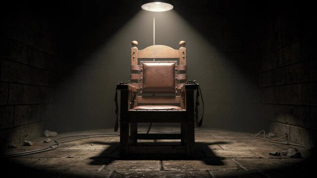 Dimly lit room with vintage wooden electric chair and leather straps in stone wall setting