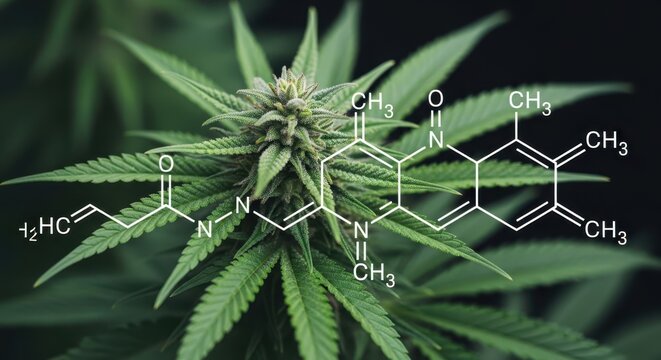 Cannabis plant with tetrahydrocannabinol (thc) and cannabinoid molecular structures overlaid