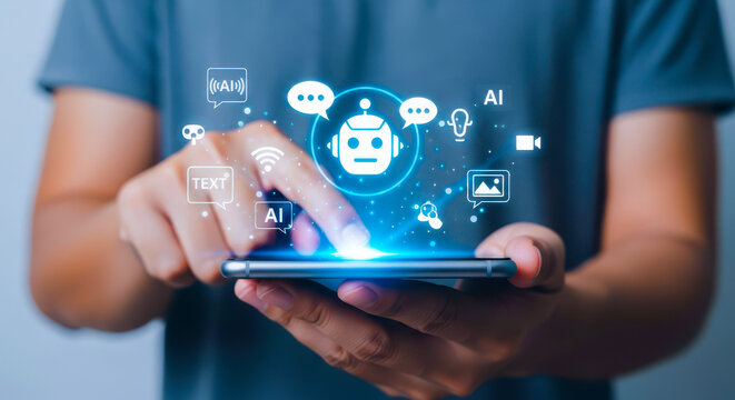 Person interacting with ai icons on smartphone screen