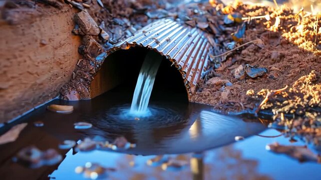 Water flowing from corrugated drainage pipe into muddy puddle outdoors. Stormwater runoff, erosion control, drainage system, environmental pollution.