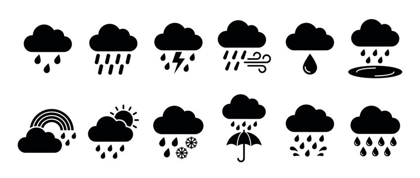 Collection of black silhouette weather icons depicting various precipitation types and atmospheric conditions, including rain, wind, lightning, sun, rainbow, and snow