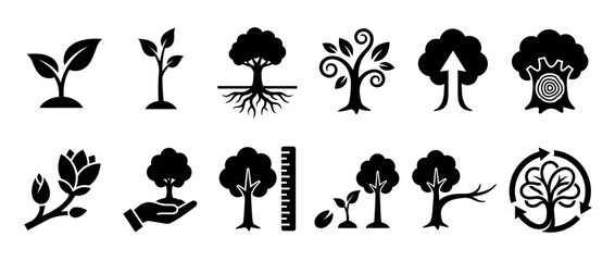 Naklejka premium Collection of plant growth and tree development icons illustrating the life cycle, ecology, and environmental concepts in black silhouettes.