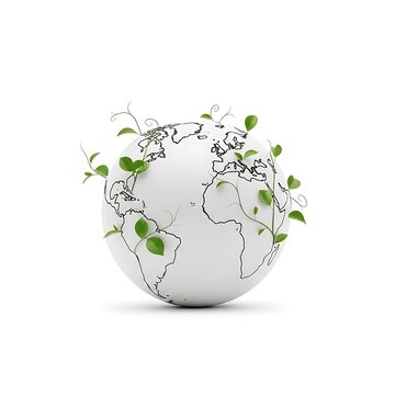 White globe with green leaves and vines growing around it on plain white background