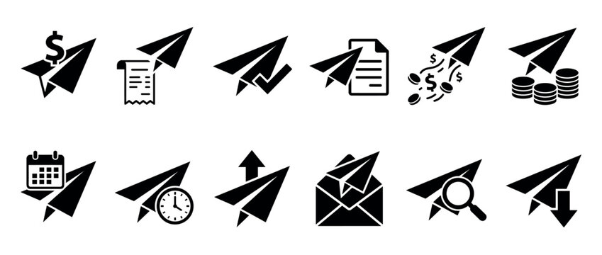Paper airplane icons representing various business and communication concepts like financial transactions, document delivery, scheduling, and message sending.