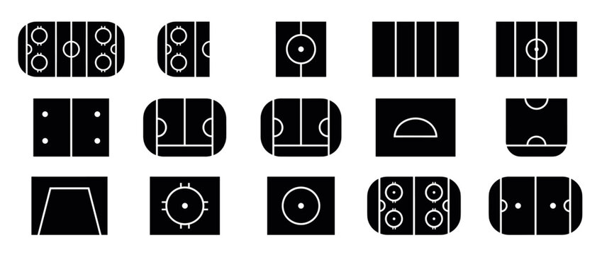 Sports fields courts arenas pitches playing areas represented by a diverse collection of black and white vector icons illustrating various game layouts.