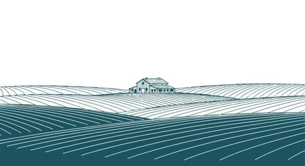 Minimalist farm landscape with barn and rolling fields illustration © TRSTOCK