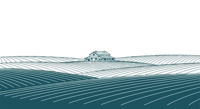 Minimalist farm landscape with barn and rolling fields illustration