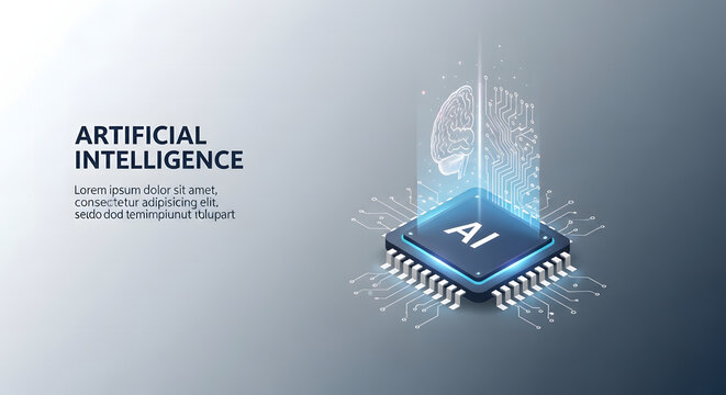 Artificial intelligence concept with a digital brain and circuit board on a microchip processor, 3d isometric illustration
