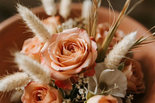 Pink roses wedding bouquet with dried pampas grass and eucalyptus in terracotta vase