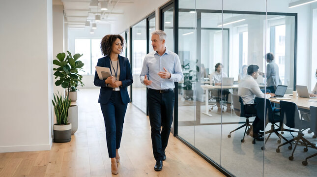 diverse business colleagues walking and talking in modern glass office corridor with professional team working in background meeting room during corporate workday morning