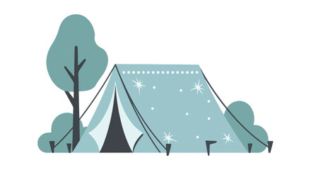Obraz premium Stylized camping tent in a natural setting with tree and bushes, outdoor leisure