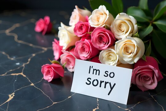 Bouquet of Pink and White Roses with Apology Note on Marble Table, Forgiveness Concept