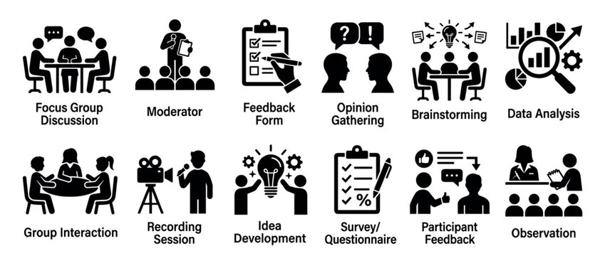 Collection of business, research, and communication process icons illustrating various methods for data gathering, analysis, and idea development in a professional setting.