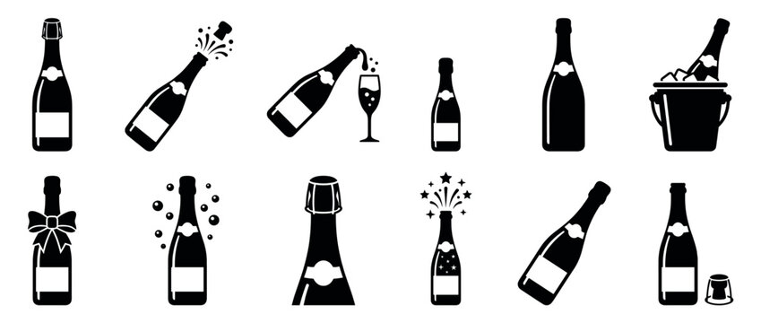Collection of champagne bottles and sparkling wine icons representing celebration, luxury, and festive events.