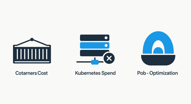Advanced cloud infrastructure management icons featuring container cost tracking kubernetes spend monitoring and pod optimization for devops engineering and efficient cloud resource usage