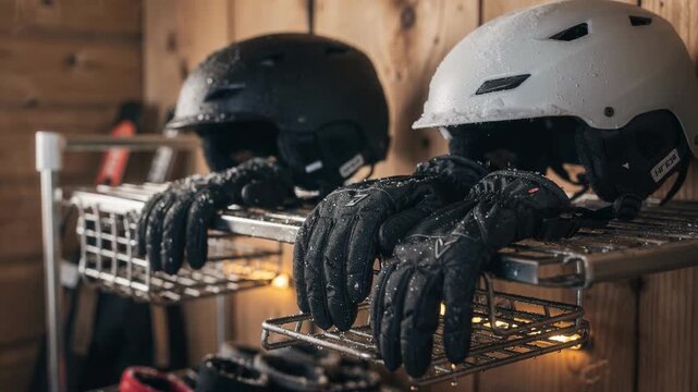 Medium shot capturing wet ski helmets and gloves arranged on heated racks in a snowlodge drying room with vents and blurred background enhancing the warm atmosphere.