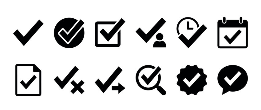 Checkmark icons set with various styles and contexts, representing approval, completion, and verification symbols for user interfaces.