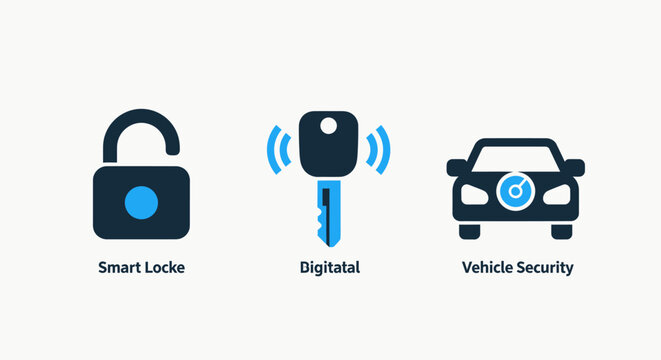 Vehicle security and digital access icons set featuring smart padlock remote keyless entry and car protection system illustration for modern automotive safety and anti-theft