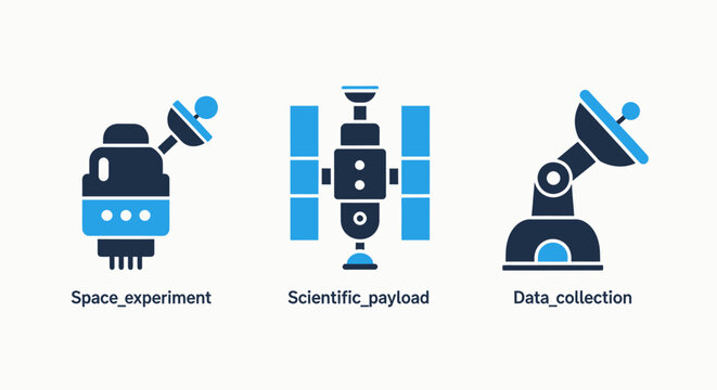Space exploration and satellite communication icons set for scientific research data collection and payload experiment illustration in modern tech style for aerospace industry