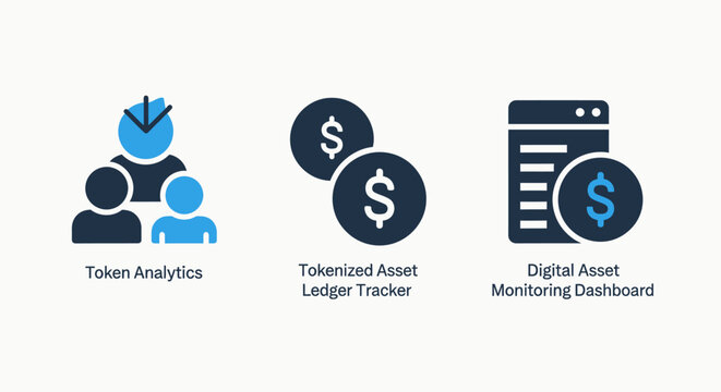 Set of financial technology icons including token analytics with user charts, ledger trade dollar coins, and a digital asset monitoring dashboard for cryptocurrency and stock market data
