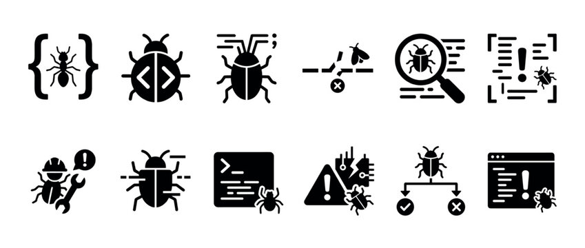 Software bug icons, debugging process, and programming error symbols representing various stages of code development, testing, and problem-solving in a digital environment.