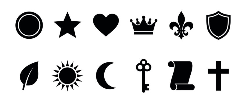 Collection of diverse black silhouette icons representing various symbols like nature, royalty, and spirituality for design elements.