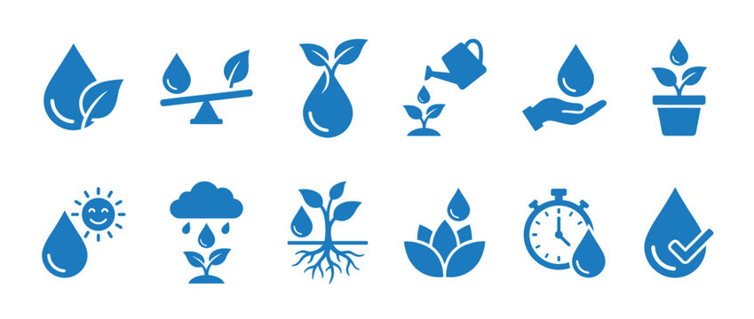 Water plant growth icons collection illustrating environmental care, sustainability, and the importance of natural resources for life and development.