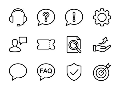 Customer service, support, and information icons set featuring communication, settings, security, and goal-oriented symbols for business concepts.