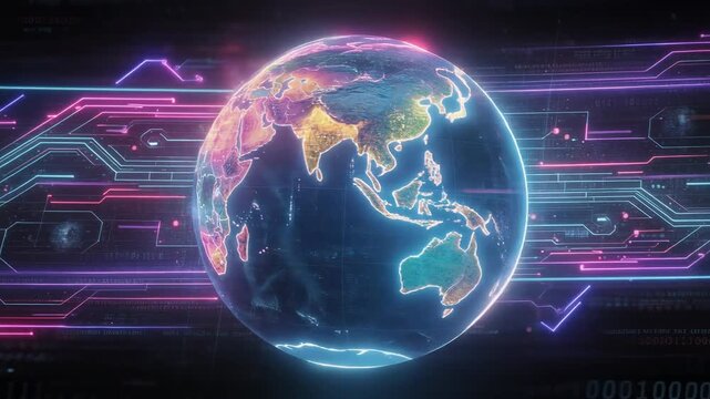 Glowing digital Earth spinning with neon circuits and flowing binary code futuristic technology animation