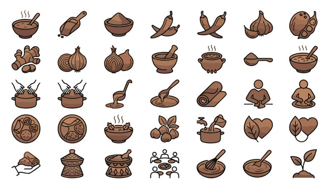 Ethiopian Food Culture Icon Set in Linear Style. A collection of food linear icons including injera, doro wat, berbere, chili, garlic, ginger, onion, mesob, coffee, and more. Editable Stroke.