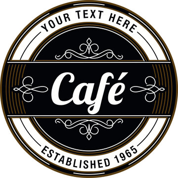 Vintage Cafe Logo Badge Vector with Retro Flourish Ornaments and Established 1965 Text