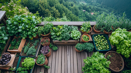 Fototapeta premium Lush elevated balcony garden overflowing with various vegetables and herbs on wooden decking overlooking densely forested mountain valley, natural lighting