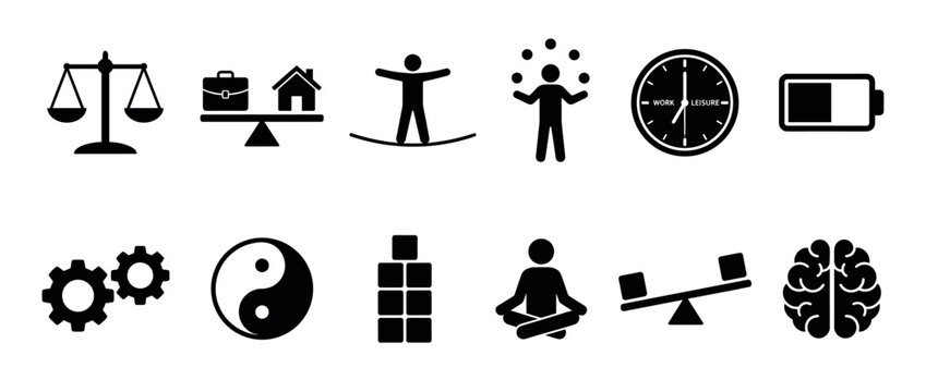 Various balance icons symbolizing work-life equilibrium, mental health, and personal harmony in a modern graphic style.