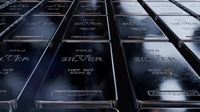 Detailed silver bars with realistic texture and reflections. Perfect for industry, technology and investment visuals. Seamless loop animation, part of series.