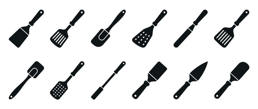 Spatulas kitchen utensils icons set, essential cooking tools collection for culinary preparation and serving food in various forms.