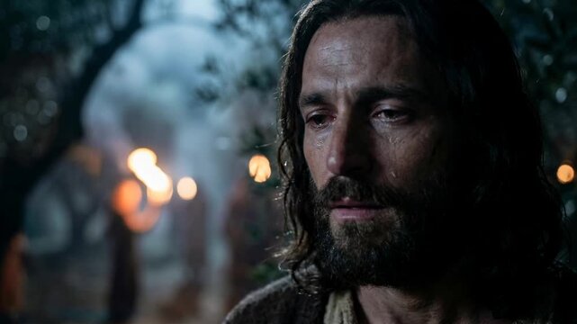 Man with tearful face looking into the distance, with blurred people and torches in background evoking betrayal scene.