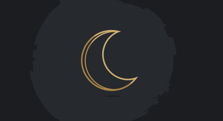 Obraz premium Elegant golden crescent moon outline icon on dark abstract brush stroke circle background. Minimalist celestial graphic design.