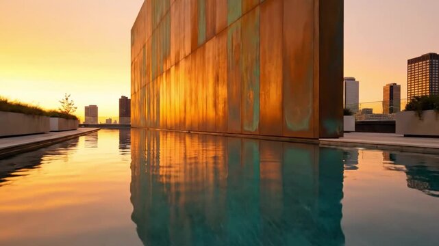 Sunset Reflections Over Modern Glass Facade At Rooftop Pool