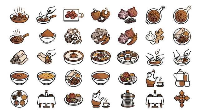 Ethiopian Cuisine and Culture Icon Set in Linear Style. A collection of food linear icons, including injera, wat, coffee ceremony, jebena, berbere, spices, doro, kitfo, habesha, and more. Line art.