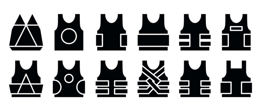 Collection of various tactical vests and body armor icons in black silhouette style, representing protection and security equipment.